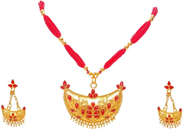 Assamese_Traditional_Gold_Plated_Red_Colour_Joonbiri_Tassel_Jewellery_Set_For_Women